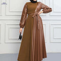 Pleated Long Split Women's Dress - Solid Color Casual Style   OAXG 