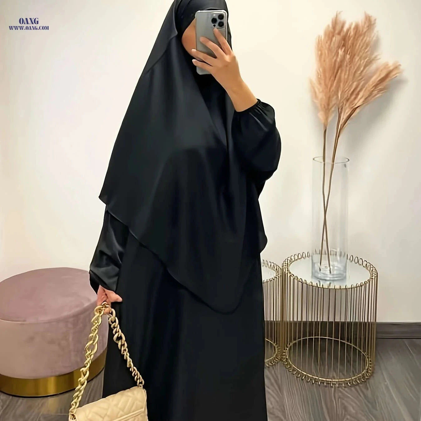 Plus Size Batwing Sleeve Ramadan Abaya Dress Set - Solid Color Elegance   OAXG Black / One-size