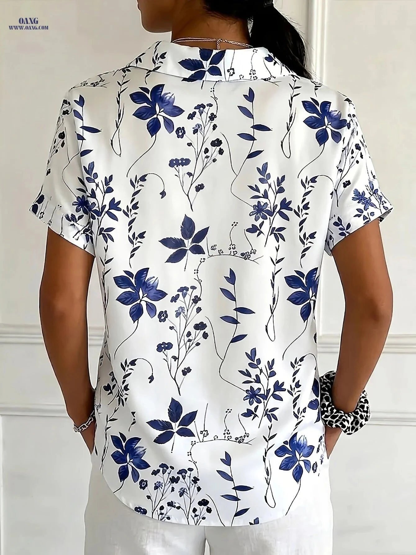 Plus-Size Floral Print Button-Up Blouse - Short Sleeve Casual Style   OAXG White / S