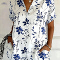 Plus-Size Floral Print Button-Up Blouse - Short Sleeve Casual Style   OAXG White / S