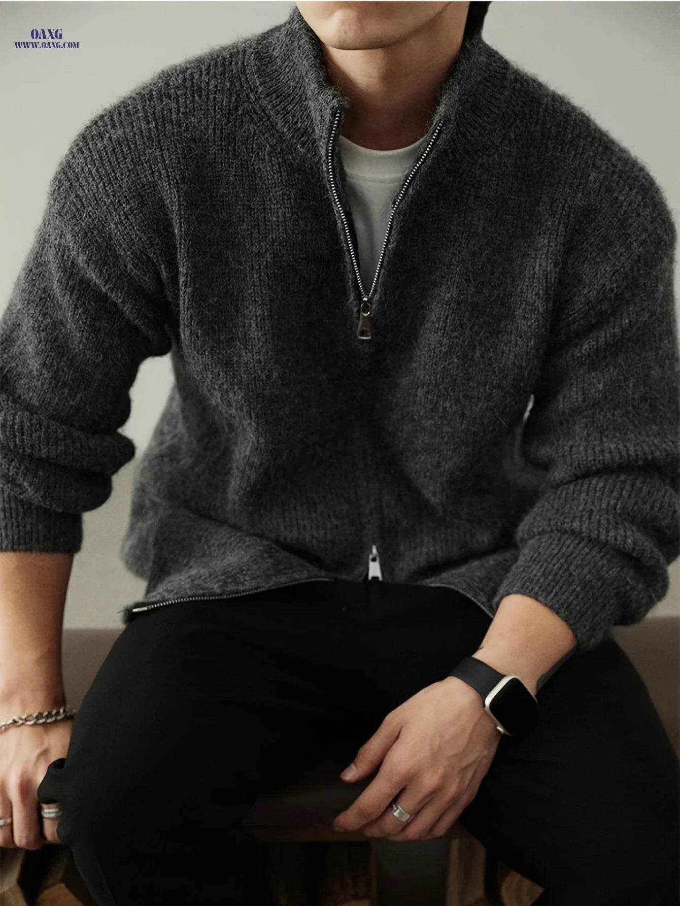 Plus Size Men's Knitted Cardigan - Soft Velvet Zip Up Jacket   OAXG 