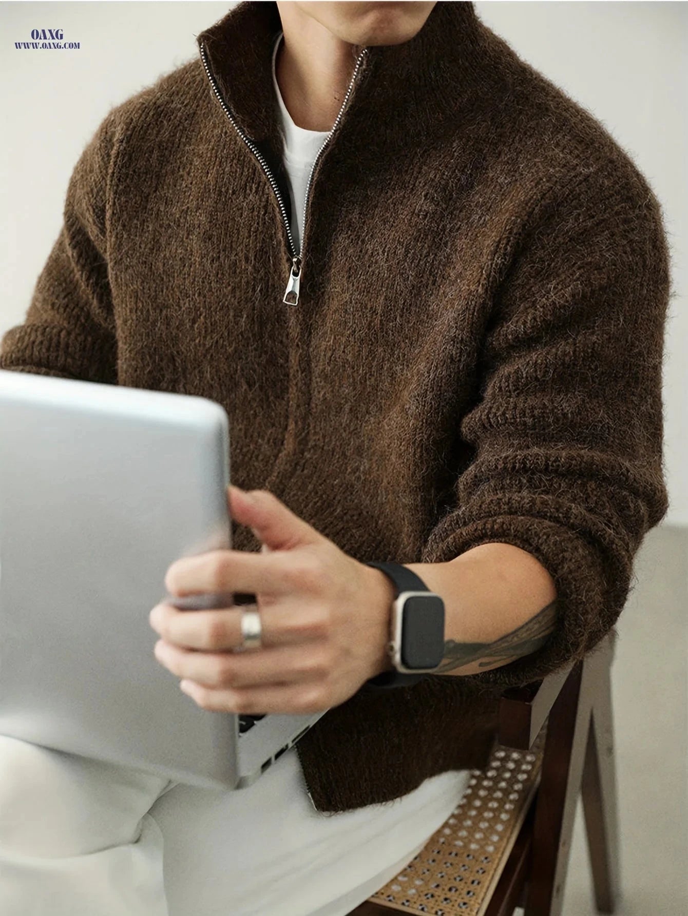 Plus Size Men's Knitted Cardigan - Soft Velvet Zip Up Jacket   OAXG 