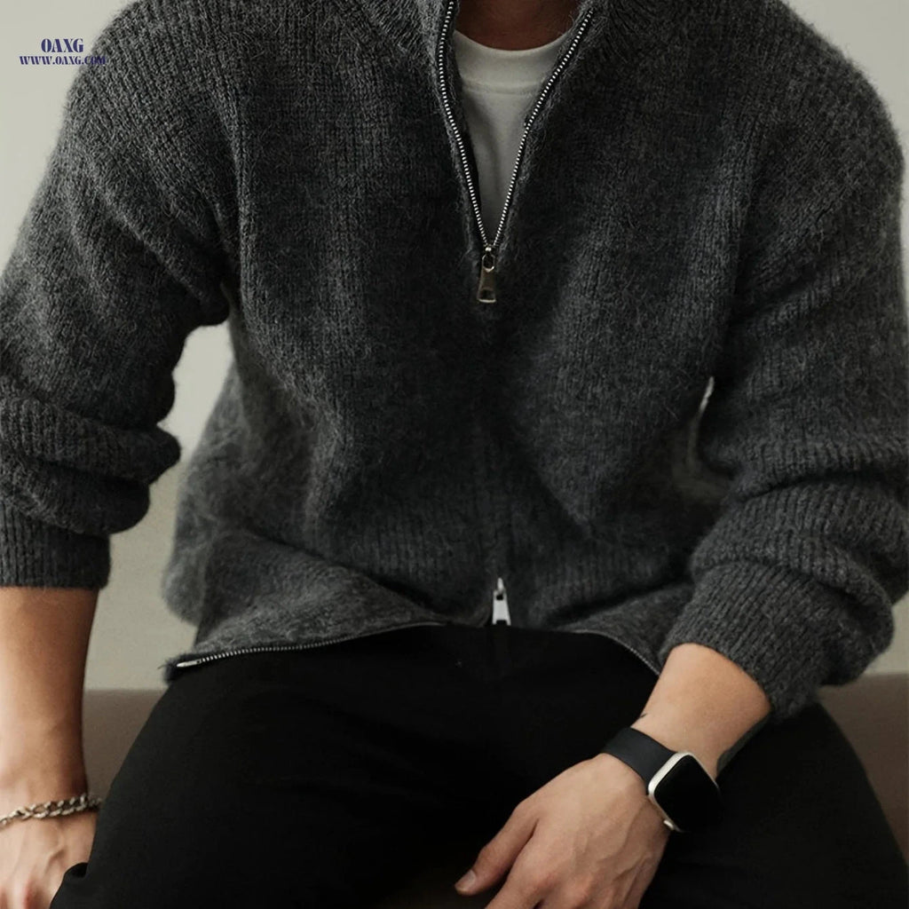 Plus Size Men's Knitted Cardigan - Soft Velvet Zip Up Jacket   OAXG 