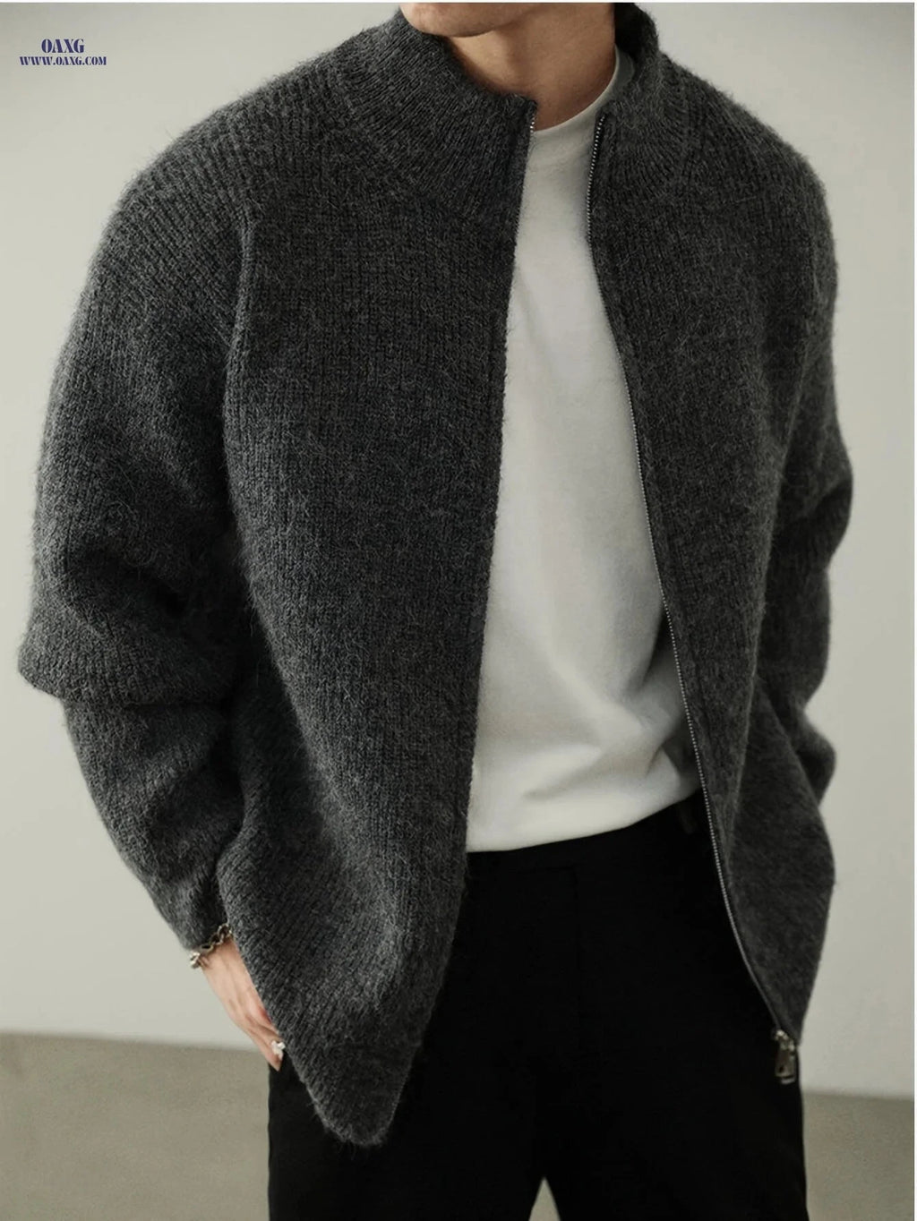 Plus Size Men's Knitted Cardigan - Soft Velvet Zip Up Jacket   OAXG Grey / FR L