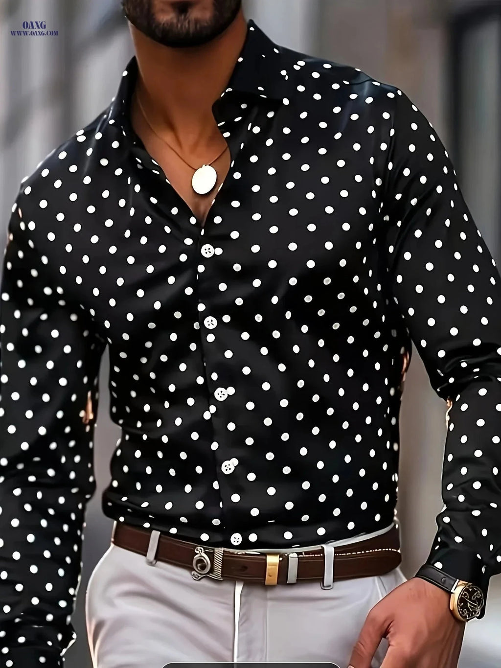 Polka Dot Casual Long-Sleeved Shirt for Men - Elegant and Comfy Fit   OAXG 