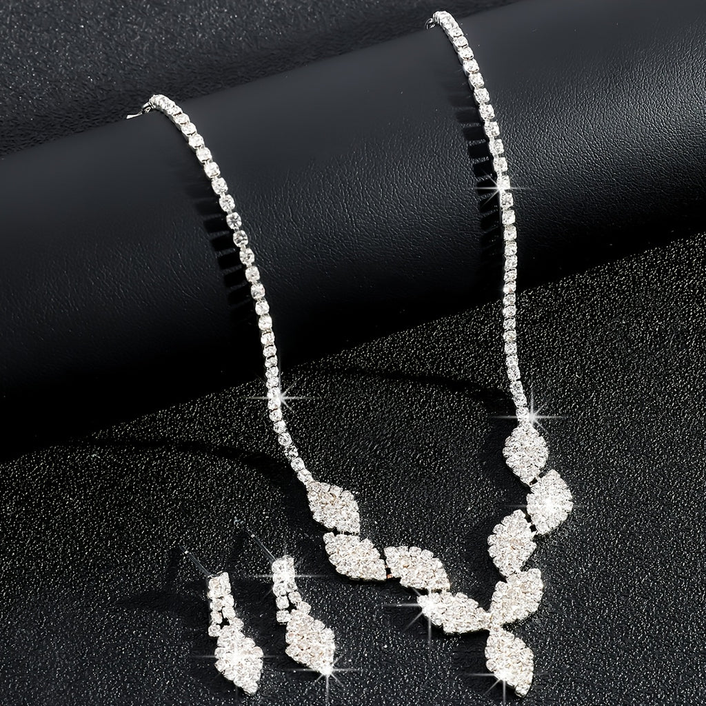 Stylish and Elegant Rhinestone Leaf Necklace and Earrings Set for Bridal Party Accessories