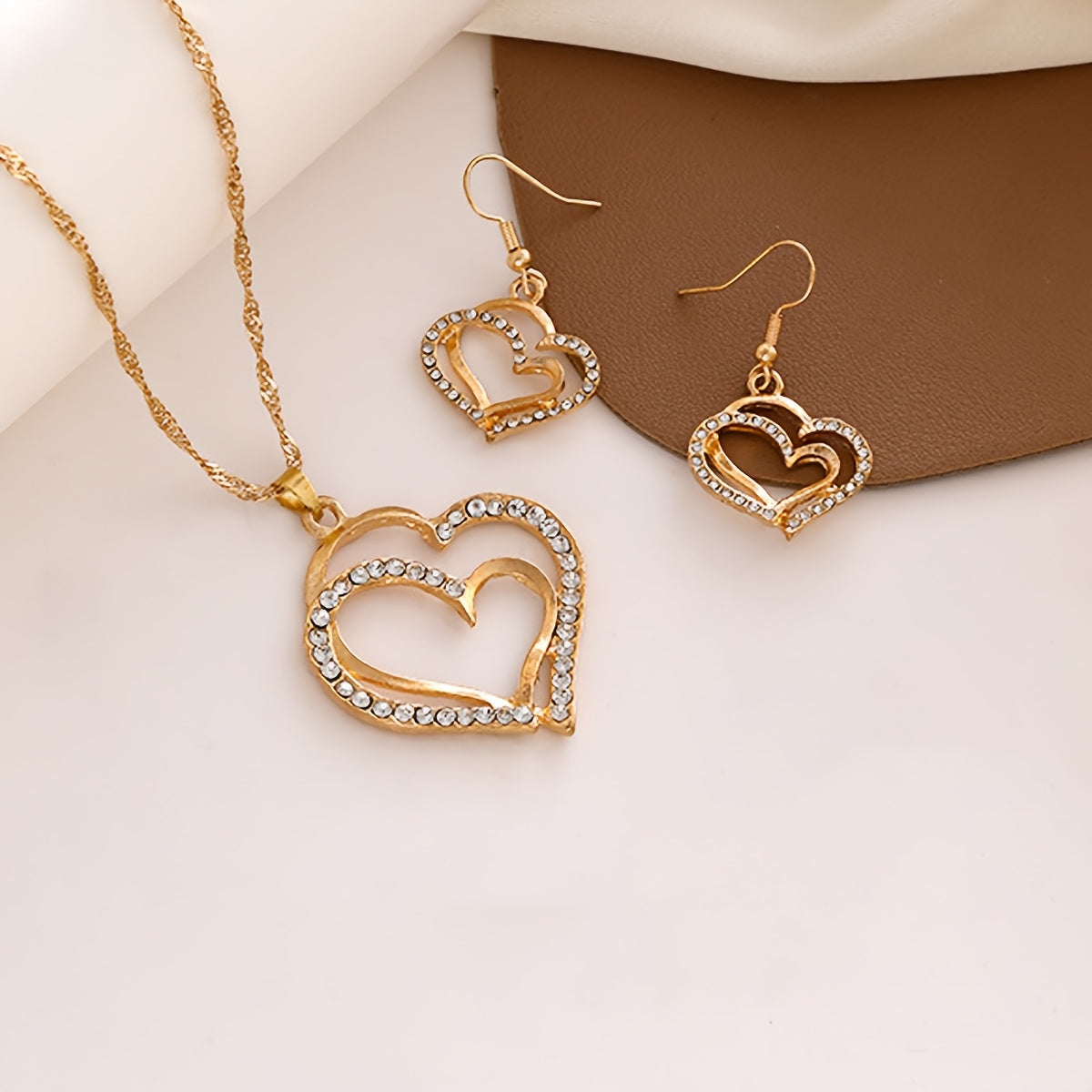 3pcs Exquisite Shiny Rhinestone Double Layer Heart Pendant Necklace And Earrings WomenS Elegant Jewelry Set Everyday Versatile Jewelry And Perfect ValentineS Day Gift