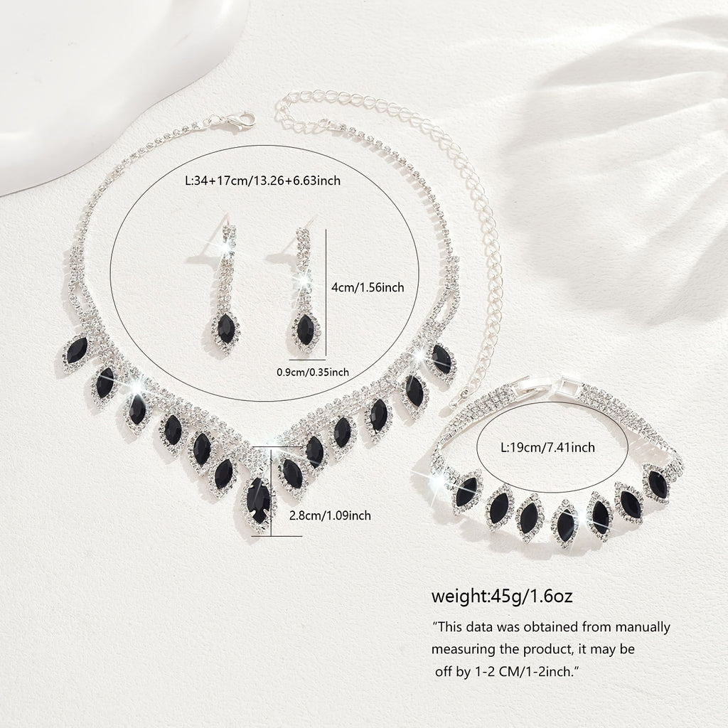 Stylish and Elegant Womens Wedding Jewelry Set Including Necklace Earrings and Bracelet with Shiny Rhinestone Inlay in Copper Material Suitable for Various Occasions such as Balls Evening Parties Anniversary Celebrations Birthday Parties Victoria