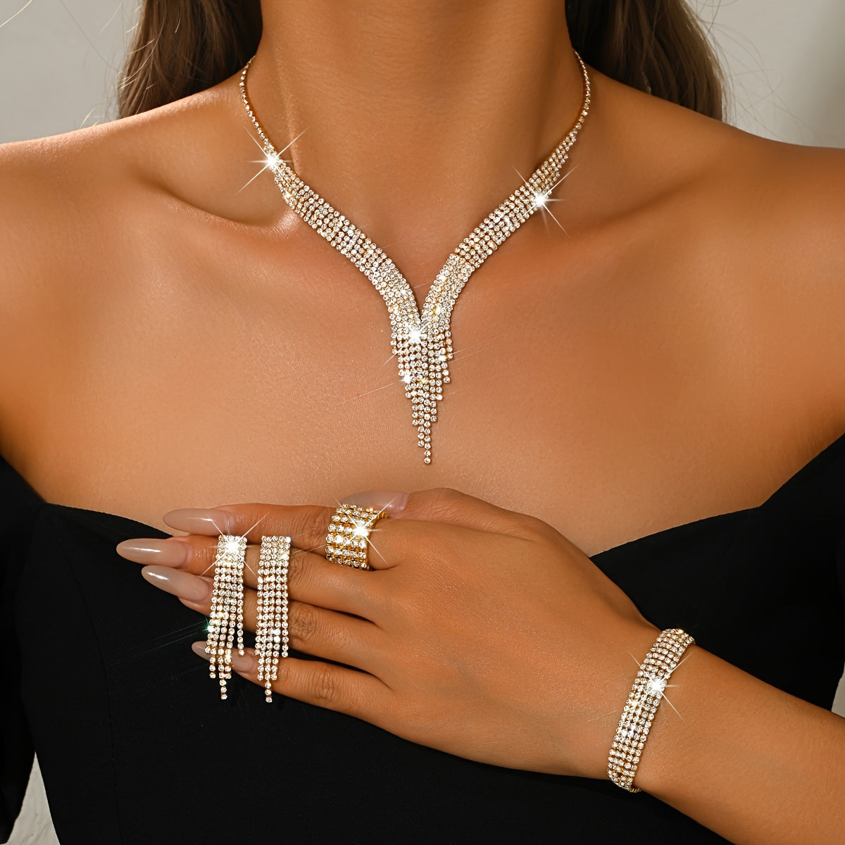 Elegant Jewelry Wedding Set for Ladies Featuring a Sparkling Rhinestone Necklace Earrings Bracelet And Ring Perfect for Formal Balls Parties Weddings And Bridal Photoshoots