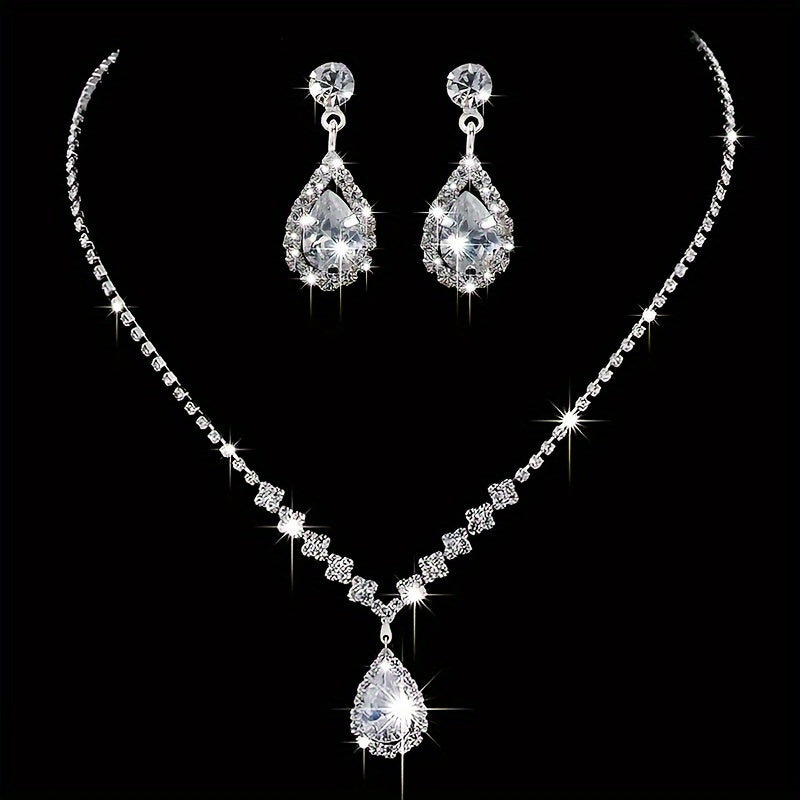 Luxurious Bridal Banquet Jewelry Set Featuring a Dazzling Geometric Teardrop Necklace And Earrings Adorned with Rhinestones