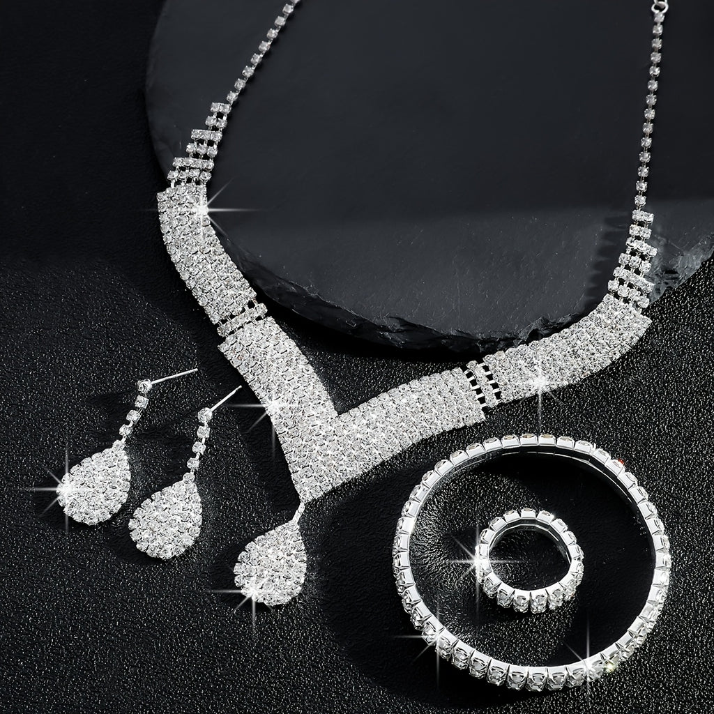 Exquisite VShaped Teardrop Necklace Bracelet Ring And Earring Set for Brides Wedding Jewelry