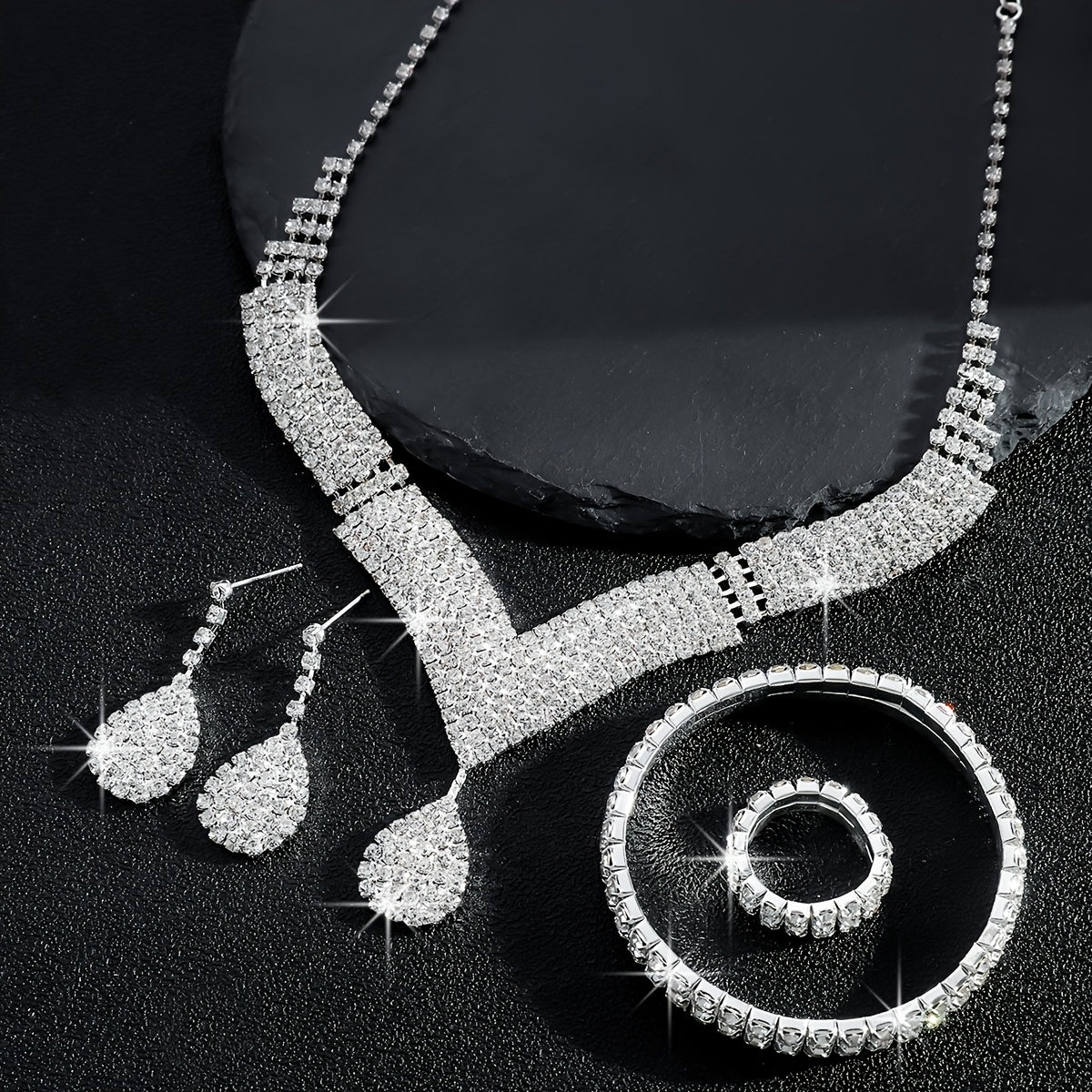 Exquisite VShaped Teardrop Necklace Bracelet Ring And Earring Set for Brides Wedding Jewelry