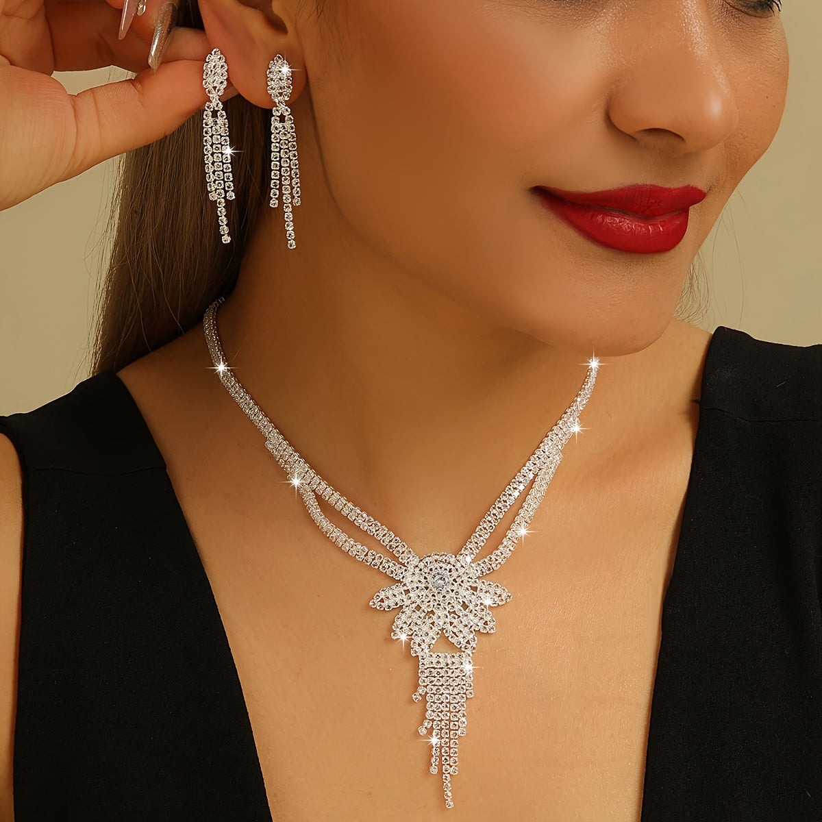 3pcs WomenS Jewelry Set Featuring a Rhinestone Tassel Necklace Perfect for Brides And Suitable for Wedding Parties And Events