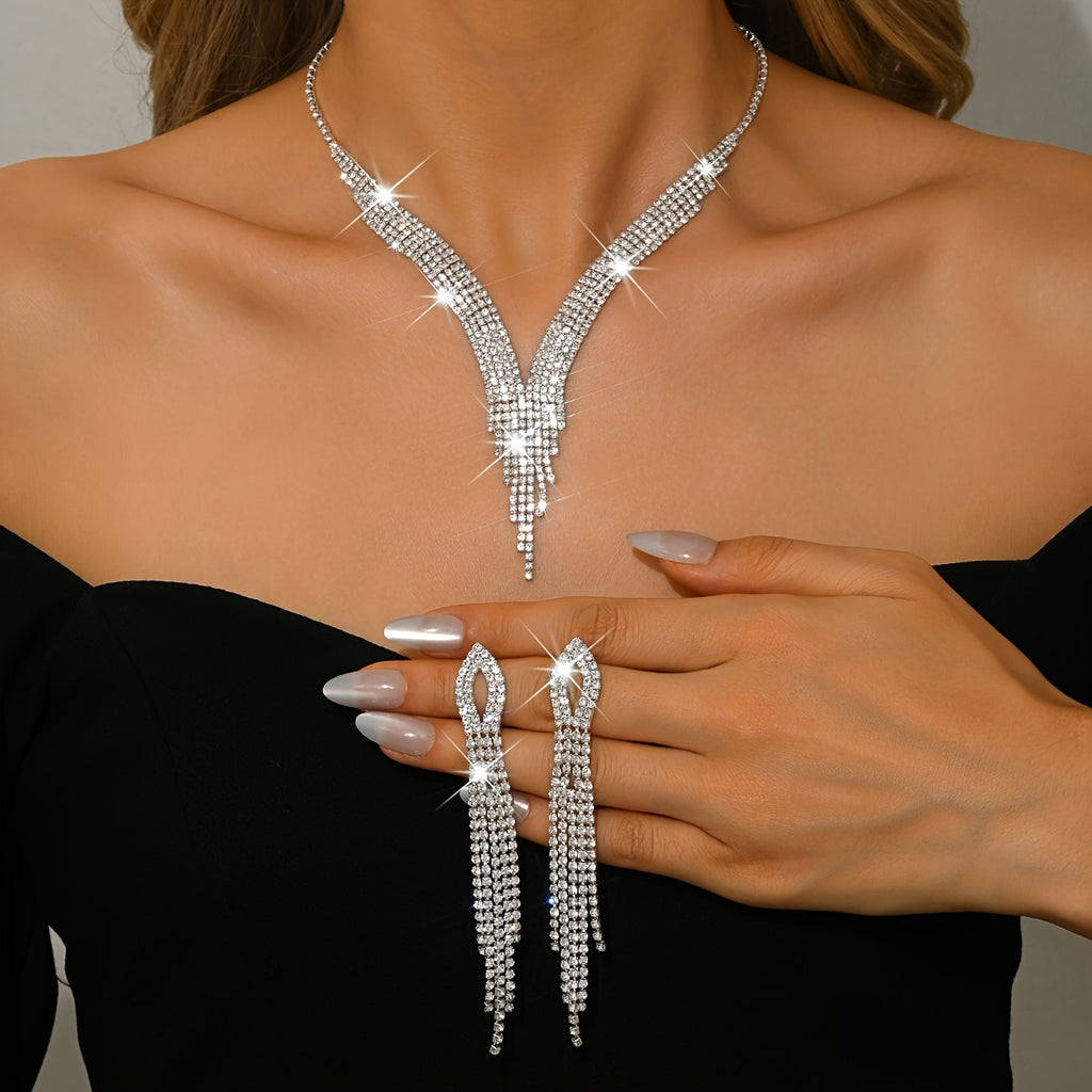 An Elegant Jewelry Set for Weddings Featuring Long Tassel Earrings And a Necklace Exuding Nobility And Grace Perfect for Wedding Parties And Balls