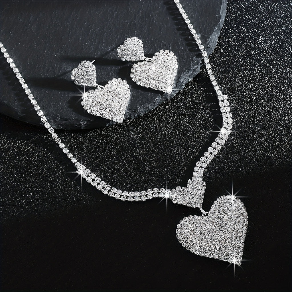Fashionable New Exquisite Sparkling Rhinestone Double Heart Necklace Earring Set Bridal Party Banquet Jewelry