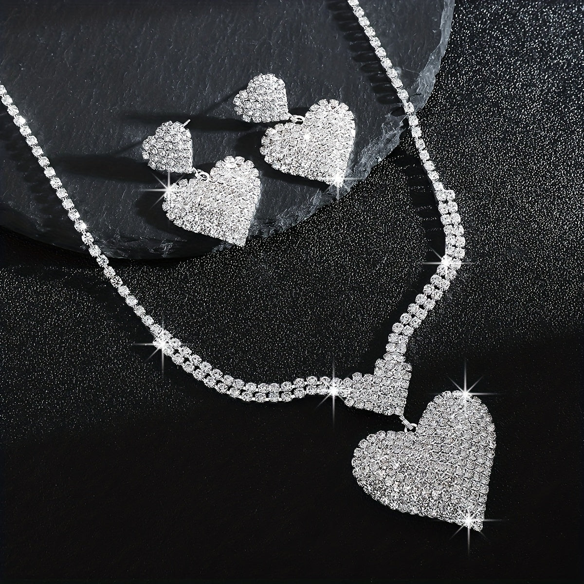 Fashionable New Exquisite Sparkling Rhinestone Double Heart Necklace Earring Set Bridal Party Banquet Jewelry