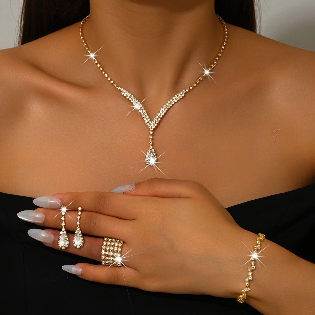 Fashionable Elegant and Sexy Copperinlaid Rhinestone Fourpiece Set Necklace Earrings Bracelet and Ring Perfect for Prom and Party Accessories