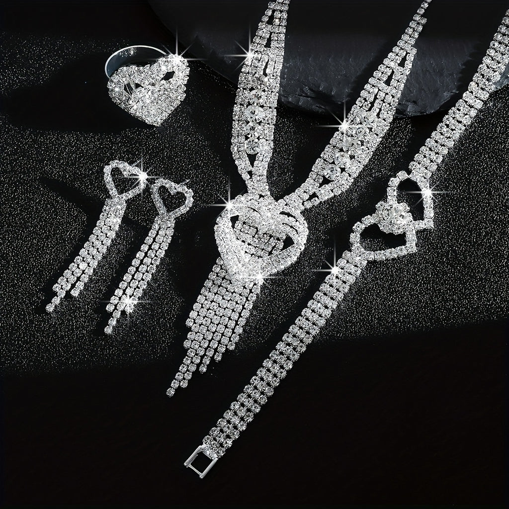 Luxurious And Exquisite HighEnd Sparkling Water Double Heart Necklace Bracelet Earrings And Ring FourPiece Set for Bridal Wedding Jewelry