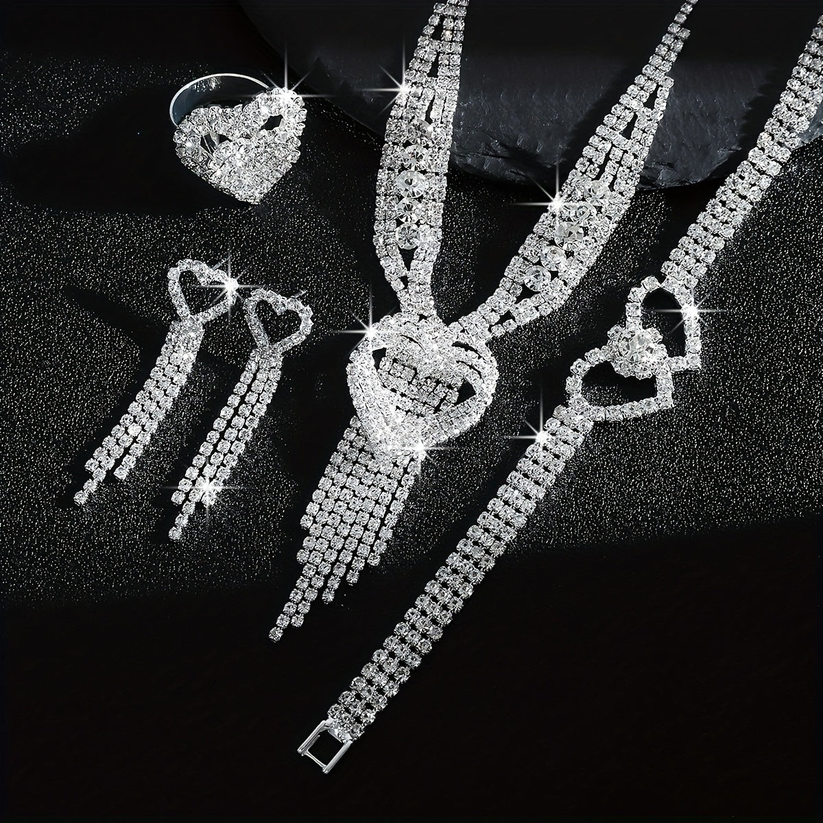 Luxurious And Exquisite HighEnd Sparkling Water Double Heart Necklace Bracelet Earrings And Ring FourPiece Set for Bridal Wedding Jewelry