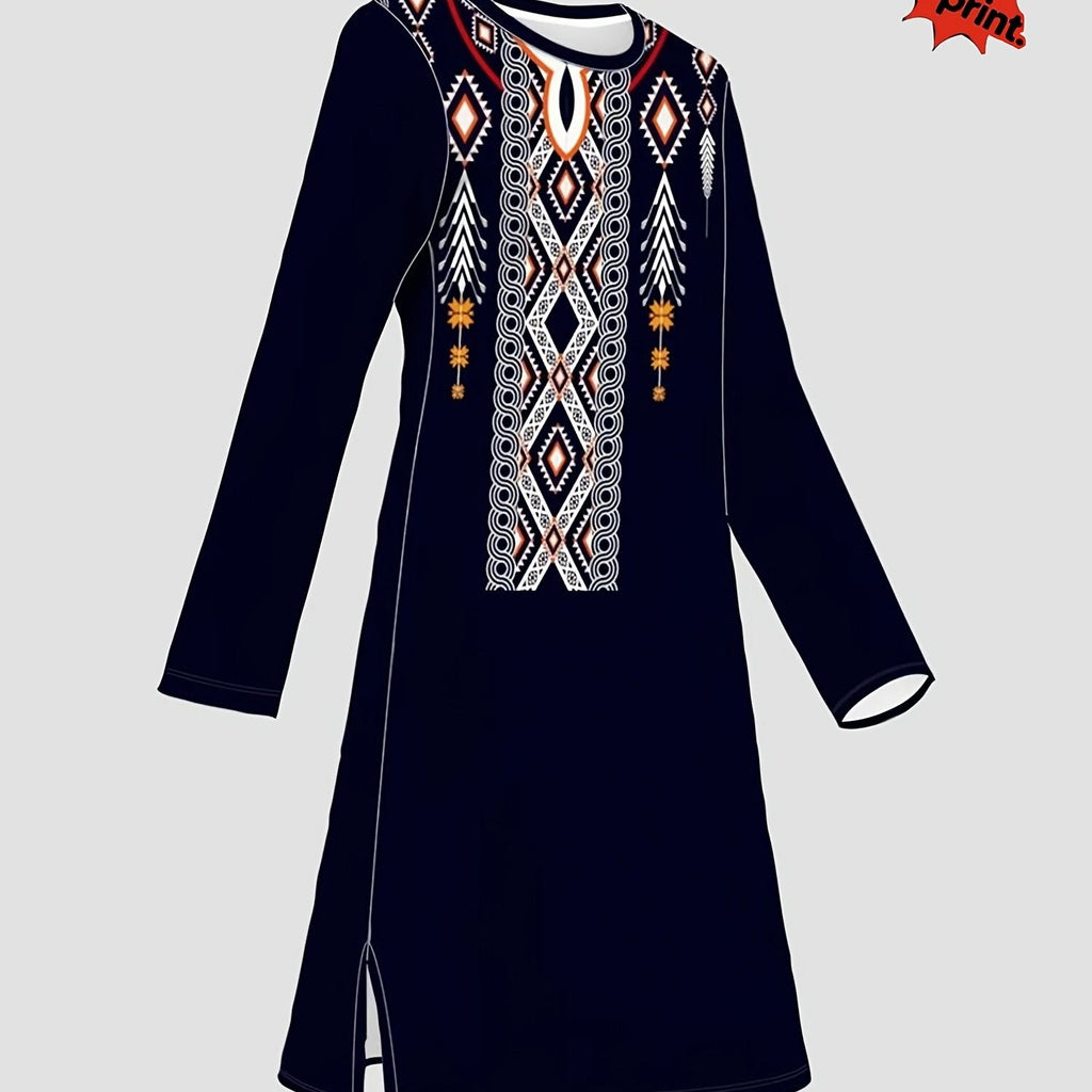 Printed Design – Not Textured/Embroidery/Sequins. Women's Long Top Featuring Tribal Geometric Patterns, Bold Graphic Design, U-neckline, and a Fashionable Ethnic Aesthetic, Suitable for Daily Wear and Casual Occasions   OAXG Mixed colors / S
