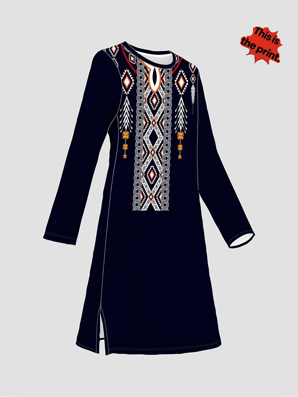 Printed Design – Not Textured/Embroidery/Sequins. Women's Long Top Featuring Tribal Geometric Patterns, Bold Graphic Design, U-neckline, and a Fashionable Ethnic Aesthetic, Suitable for Daily Wear and Casual Occasions   OAXG Mixed colors / S
