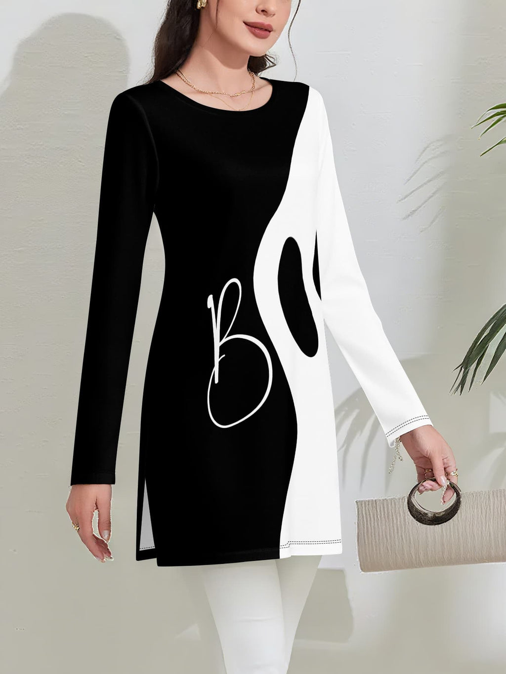 [Printed Design – Not Textured//Sequins/Flat Print T-Shirt, No Additions/White Sheer] Black And White Asymmetrical Women'S Top, Letter Print, Long Sleeve, Side Slit Fit, Fabric, Slight Stretch, Casual Commute, Easy Party Wear Women'S Clothing