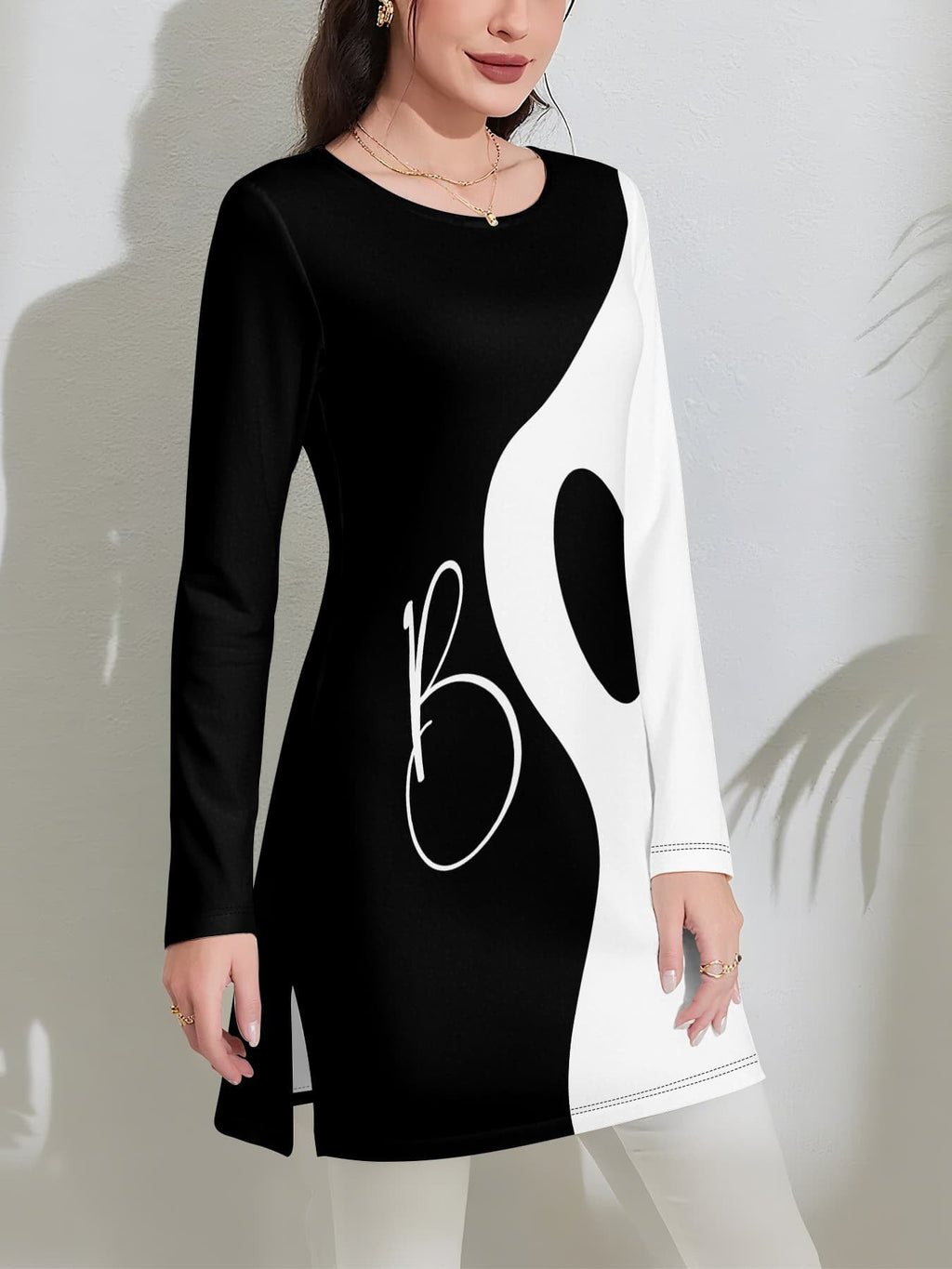 [Printed Design – Not Textured//Sequins/Flat Print T-Shirt, No Additions/White Sheer] Black And White Asymmetrical Women'S Top, Letter Print, Long Sleeve, Side Slit Fit, Fabric, Slight Stretch, Casual Commute, Easy Party Wear Women'S Clothing
