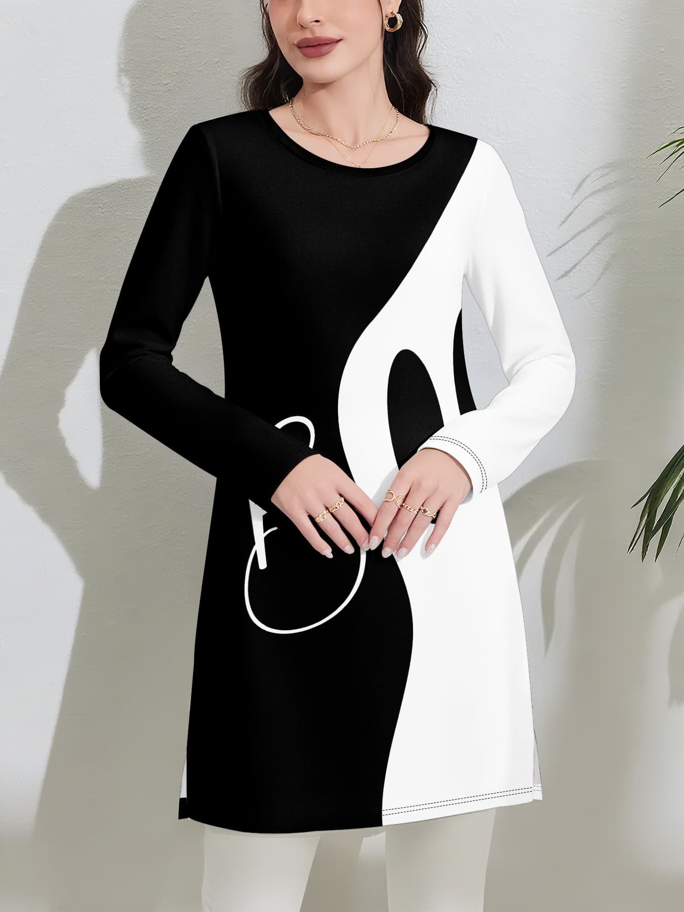 [Printed Design – Not Textured//Sequins/Flat Print T-Shirt, No Additions/White Sheer] Black And White Asymmetrical Women'S Top, Letter Print, Long Sleeve, Side Slit Fit, Fabric, Slight Stretch, Casual Commute, Easy Party Wear Women'S Clothing