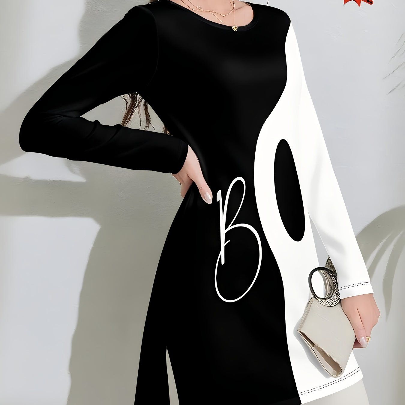 [Printed Design – Not Textured//Sequins/Flat Print T-Shirt, No Additions/White Sheer] Black And White Asymmetrical Women'S Top, Letter Print, Long Sleeve, Side Slit Fit, Fabric, Slight Stretch, Casual Commute, Easy Party Wear Women'S Clothing