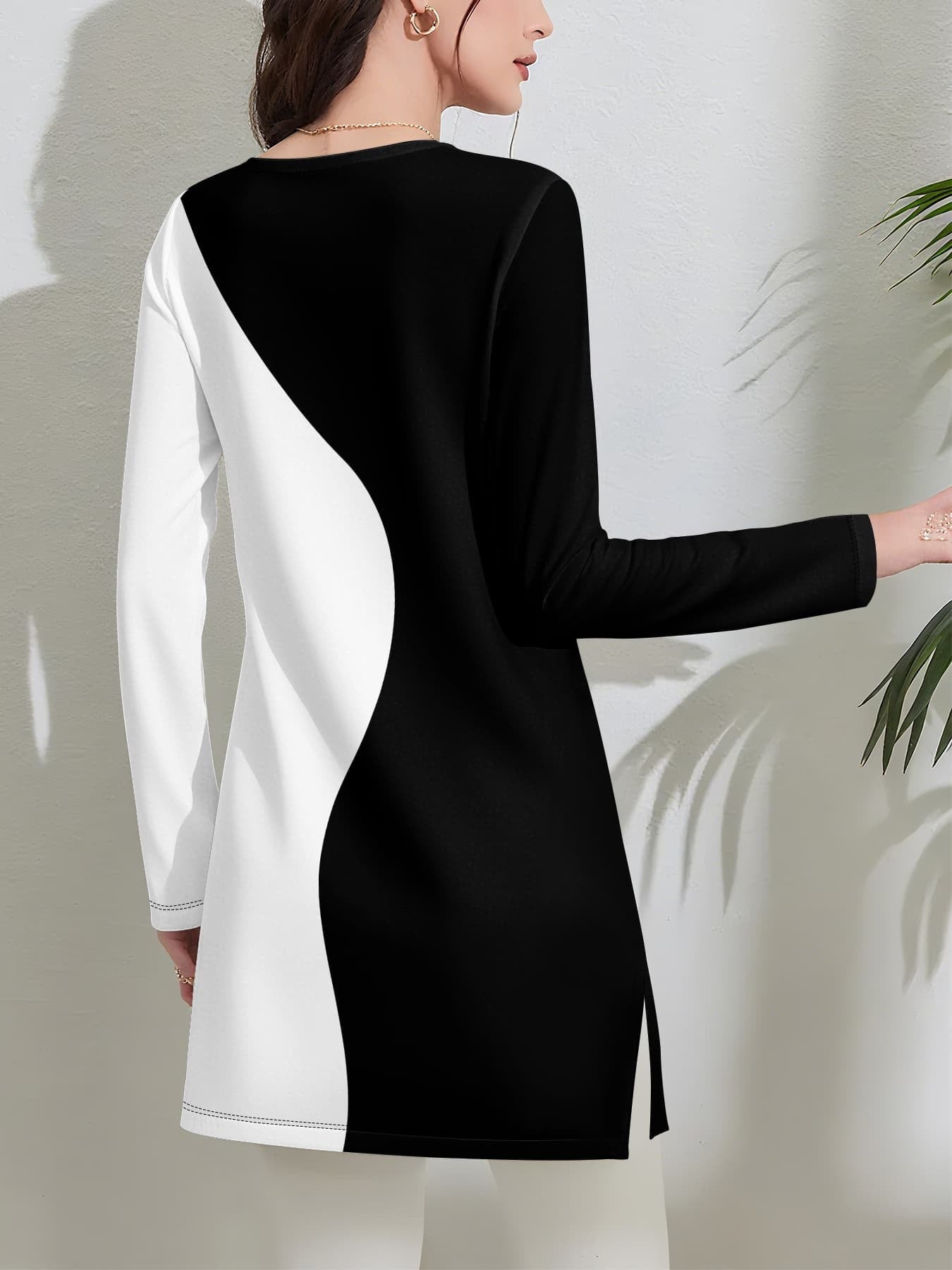 [Printed Design – Not Textured//Sequins/Flat Print T-Shirt, No Additions/White Sheer] Black And White Asymmetrical Women'S Top, Letter Print, Long Sleeve, Side Slit Fit, Fabric, Slight Stretch, Casual Commute, Easy Party Wear Women'S Clothing