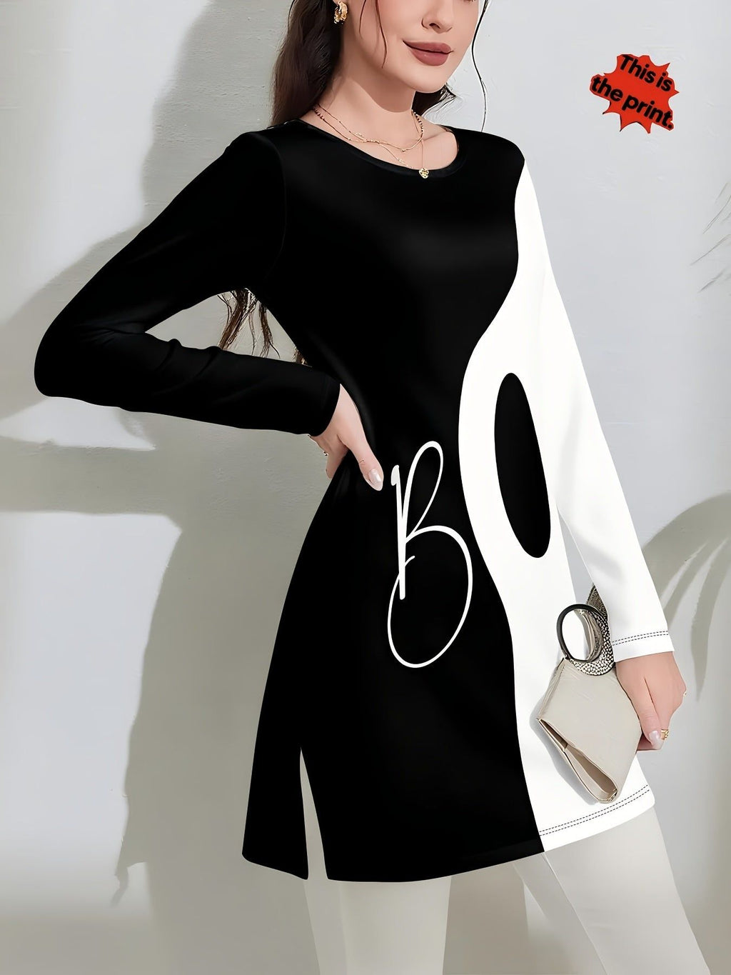 [Printed Design – Not Textured//Sequins/Flat Print T-Shirt, No Additions/White Sheer] Black And White Asymmetrical Women'S Top, Letter Print, Long Sleeve, Side Slit Fit, Fabric, Slight Stretch, Casual Commute, Easy Party Wear Women'S Clothing