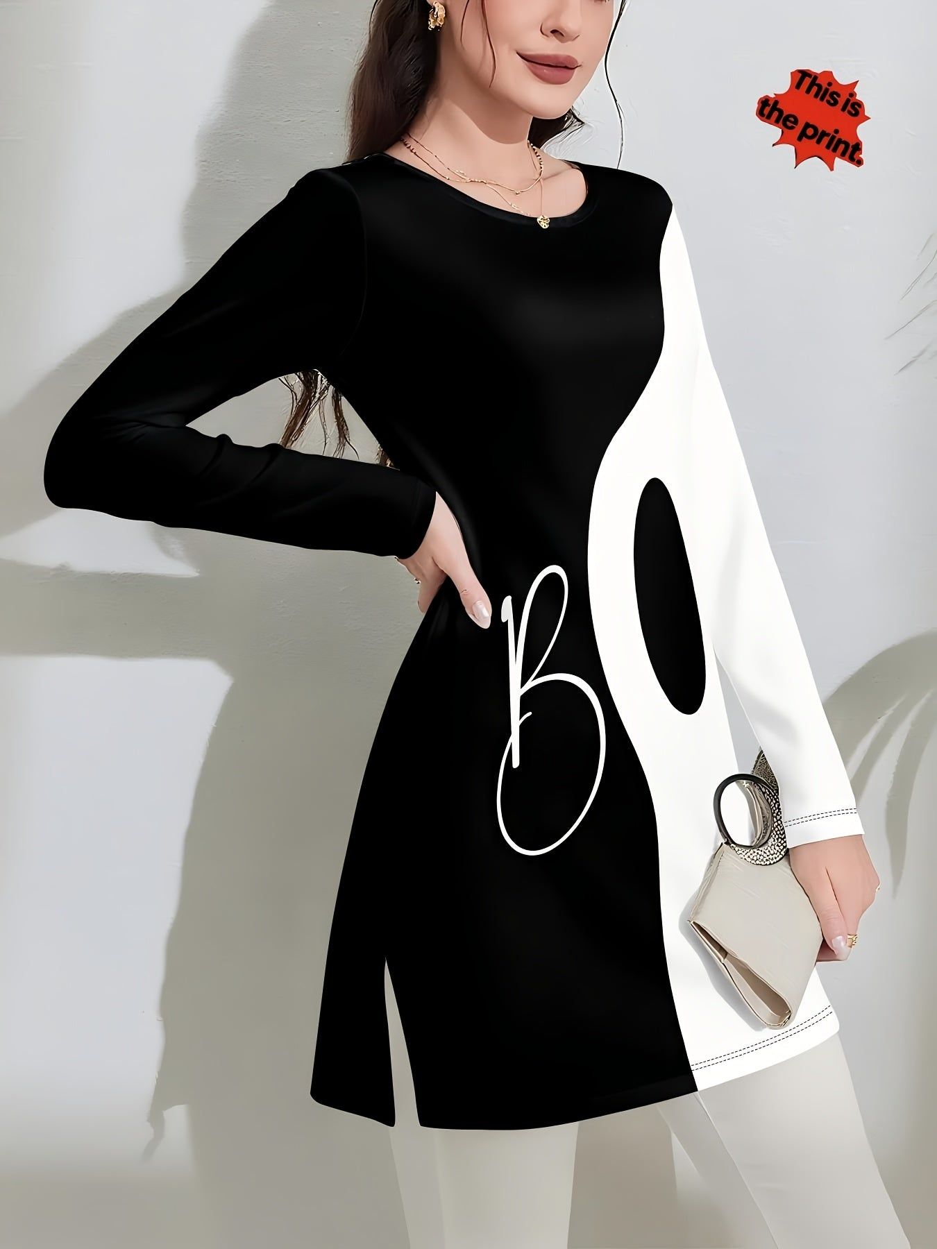 [Printed Design – Not Textured//Sequins/Flat Print T-Shirt, No Additions/White Sheer] Black And White Asymmetrical Women'S Top, Letter Print, Long Sleeve, Side Slit Fit, Fabric, Slight Stretch, Casual Commute, Easy Party Wear Women'S Clothing