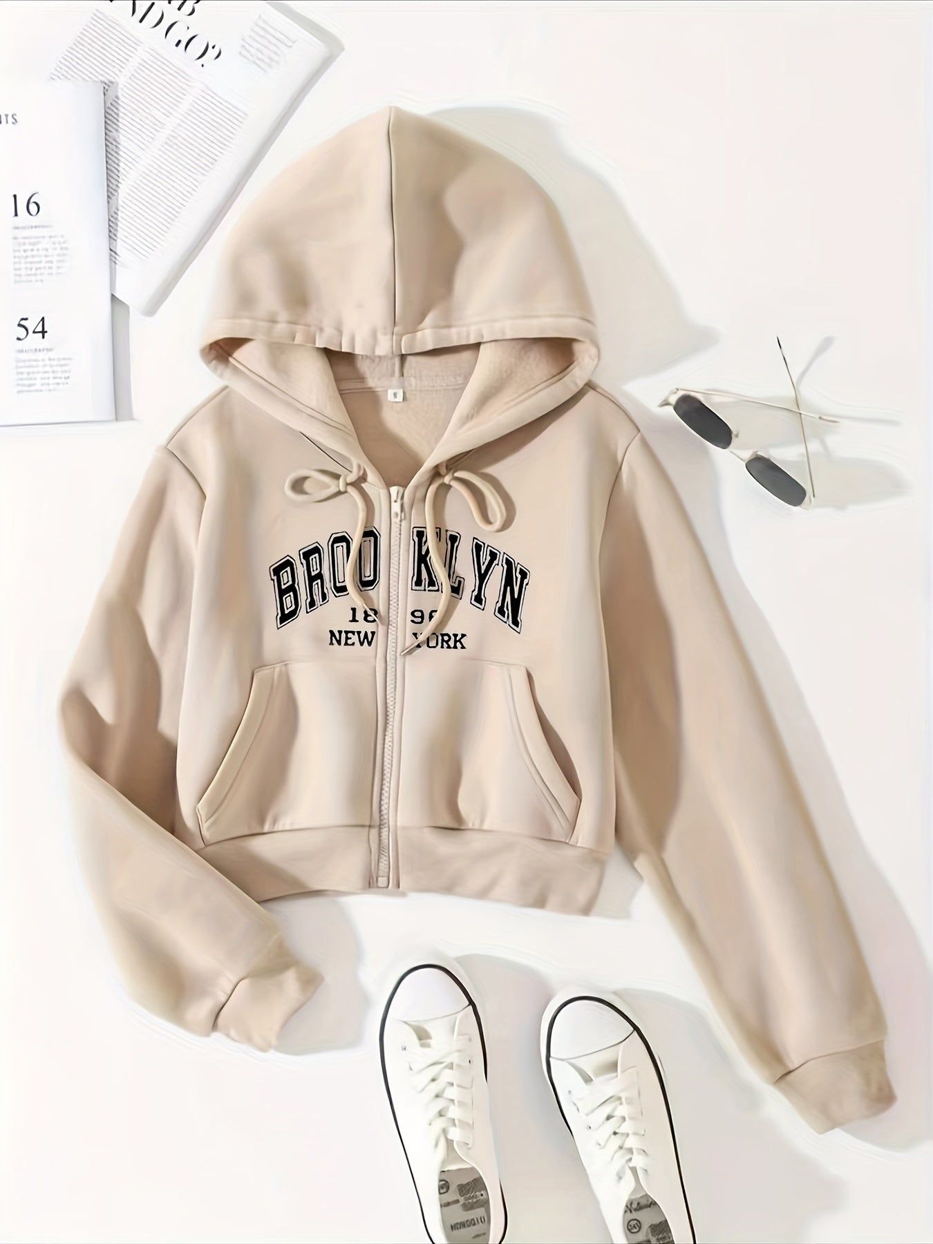 Printed Letter Zipper Split Pocket Casual All-Match Hoodie for Women Letter Graphic Zip Up Drawstring Thermal Lined Crop Hoodie   OAXG White / XS