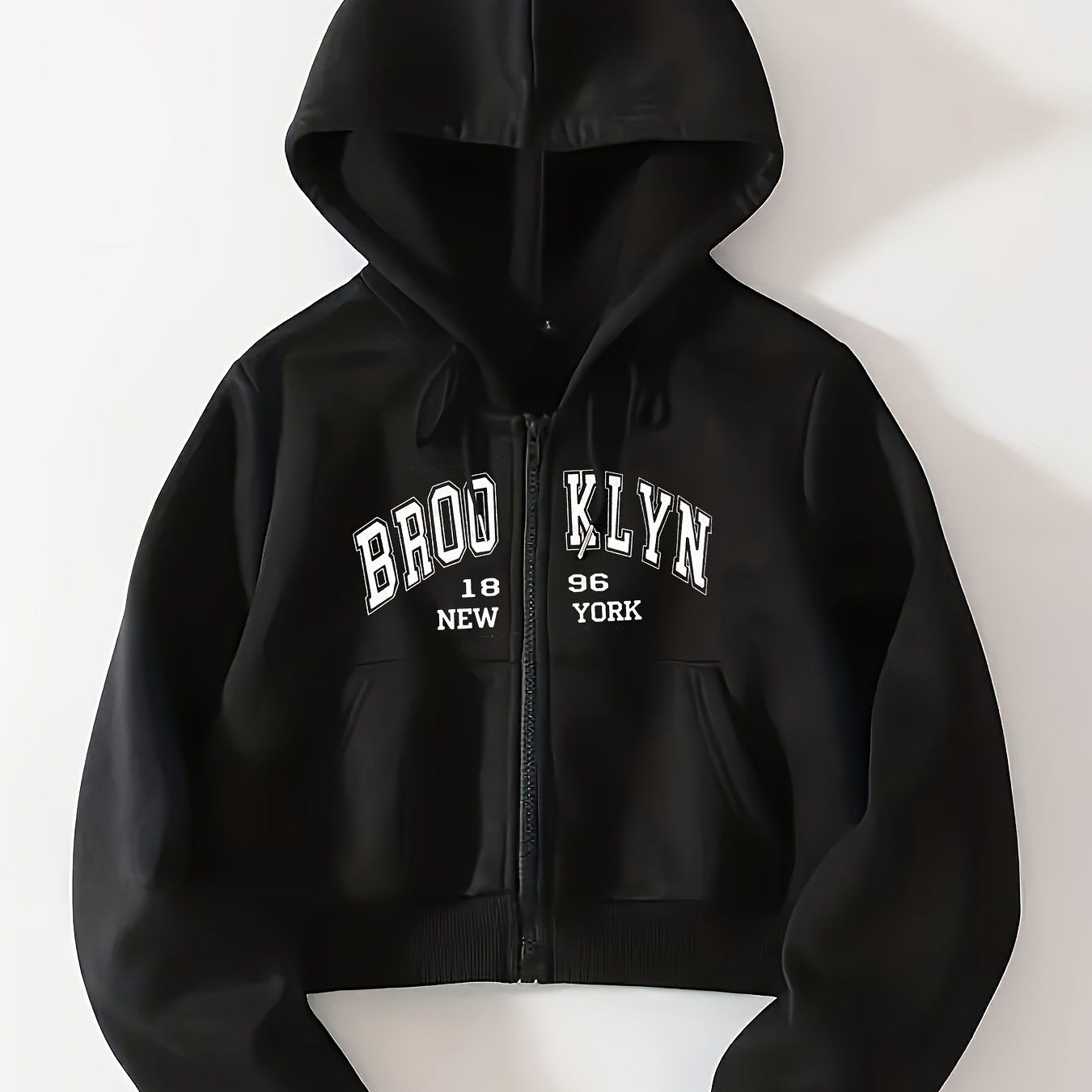 Printed Letter Zipper Split Pocket Casual All-Match Hoodie for Women Letter Graphic Zip Up Drawstring Thermal Lined Crop Hoodie   OAXG White / XS