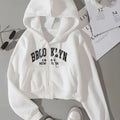Printed Letter Zipper Split Pocket Casual All-Match Hoodie for Women Letter Graphic Zip Up Drawstring Thermal Lined Crop Hoodie   OAXG White / XS