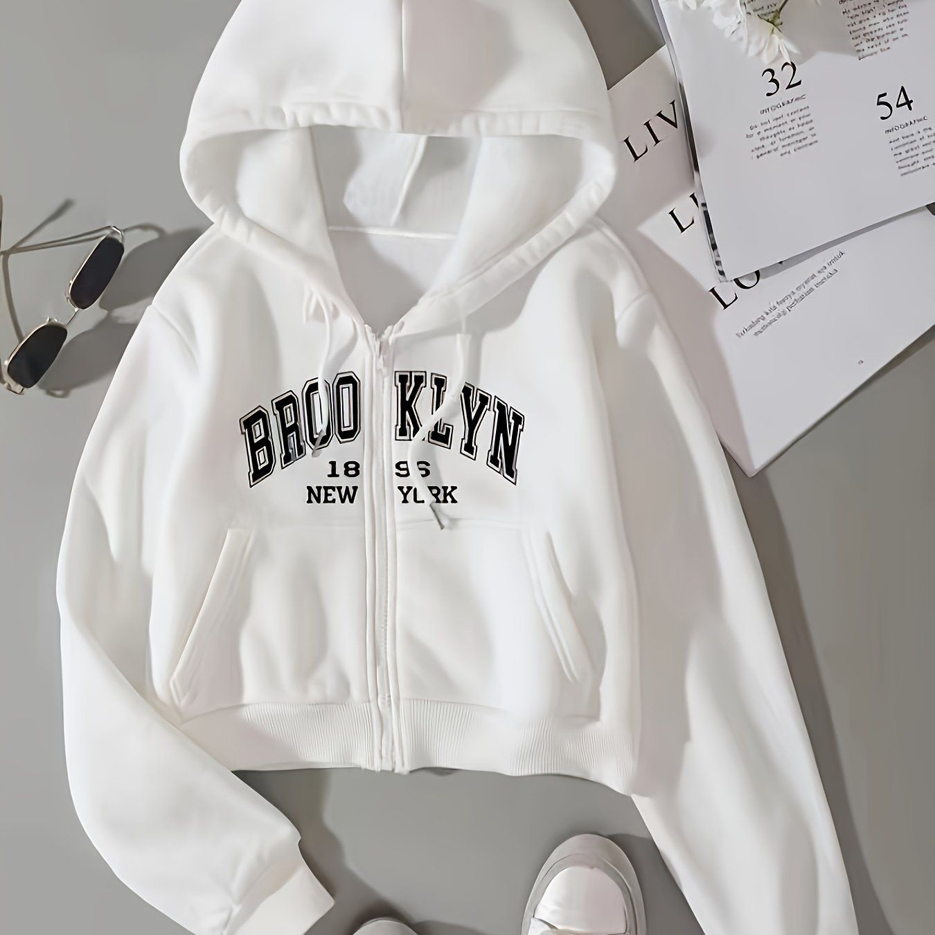 Printed Letter Zipper Split Pocket Casual All-Match Hoodie for Women Letter Graphic Zip Up Drawstring Thermal Lined Crop Hoodie   OAXG White / XS
