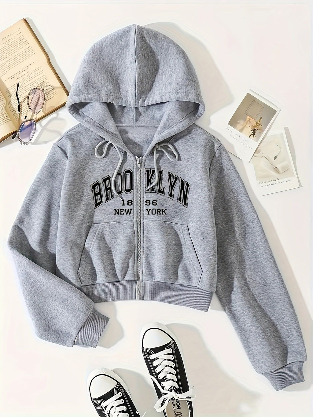 Printed Letter Zipper Split Pocket Casual All-Match Hoodie for Women Letter Graphic Zip Up Drawstring Thermal Lined Crop Hoodie   OAXG White / XS