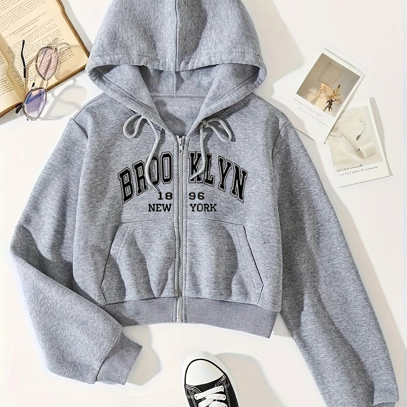 Printed Letter Zipper Split Pocket Casual All-Match Hoodie for Women Letter Graphic Zip Up Drawstring Thermal Lined Crop Hoodie   OAXG White / XS