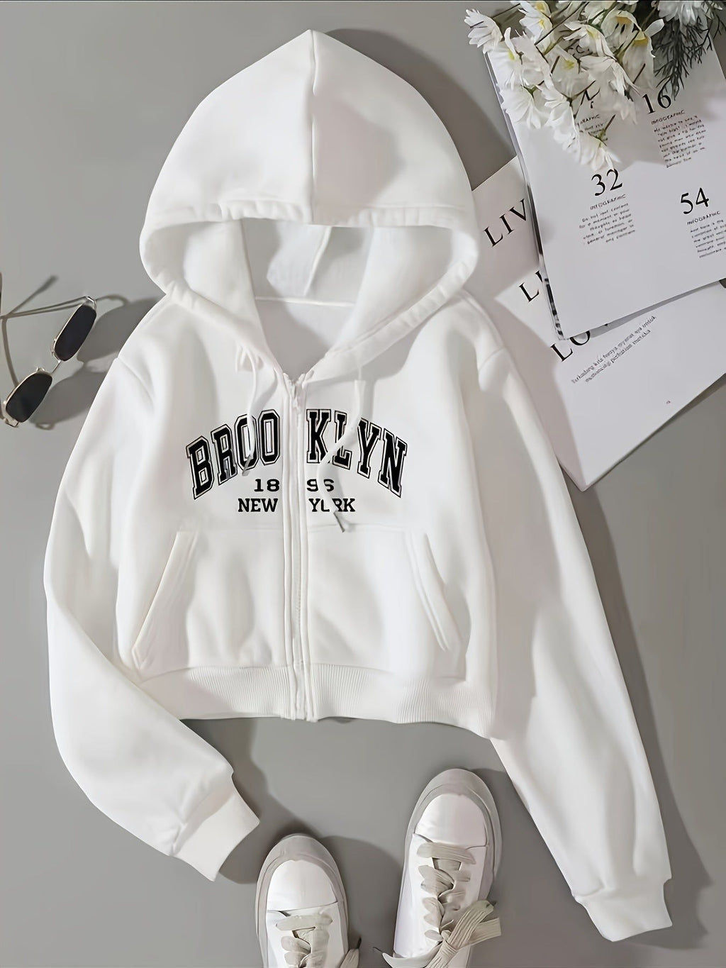Printed Letter Zipper Split Pocket Casual All-Match Hoodie for Women Letter Graphic Zip Up Drawstring Thermal Lined Crop Hoodie   OAXG White / XS