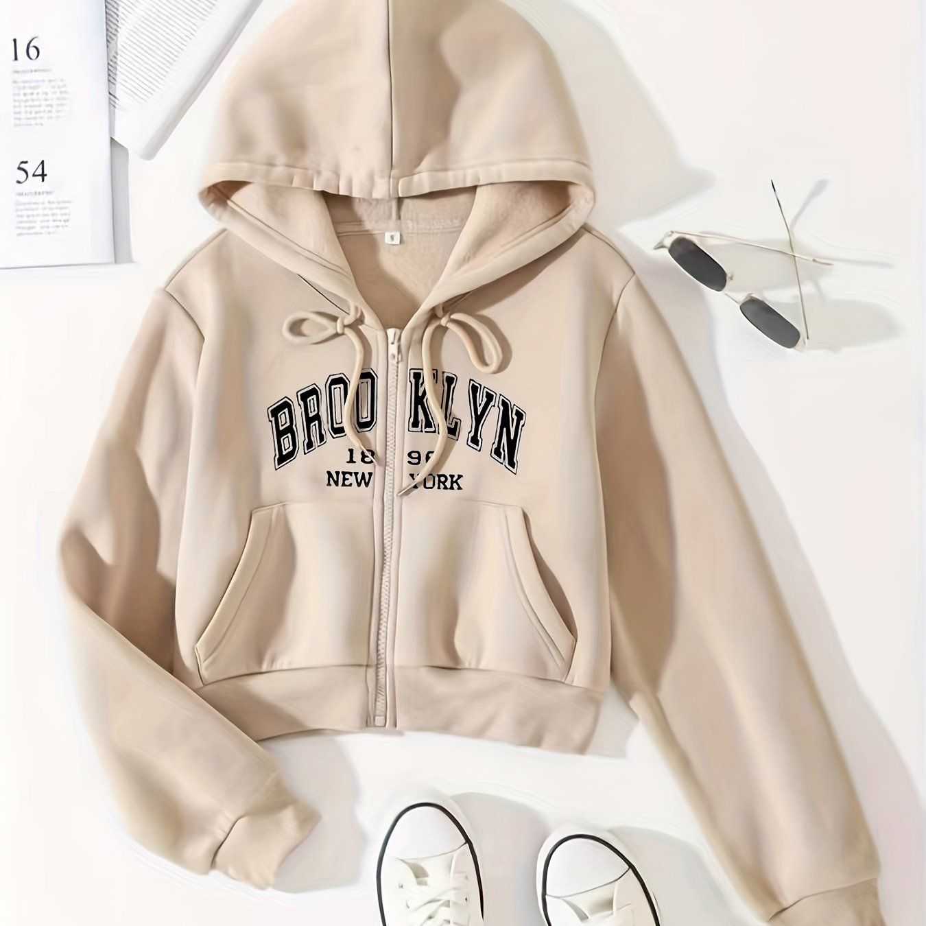 Printed Letter Zipper Split Pocket Casual All-Match Hoodie for Women Letter Graphic Zip Up Drawstring Thermal Lined Crop Hoodie   OAXG White / XS