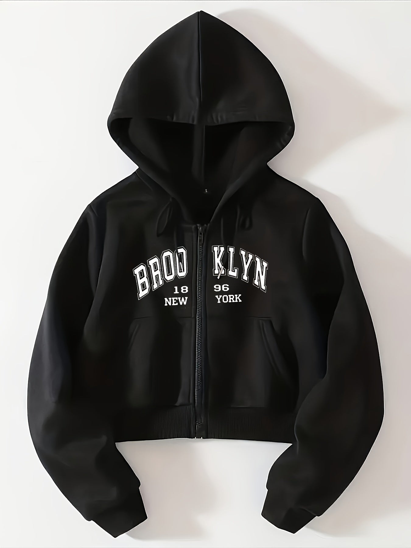 Printed Letter Zipper Split Pocket Casual All-Match Hoodie for Women Letter Graphic Zip Up Drawstring Thermal Lined Crop Hoodie   OAXG White / XS