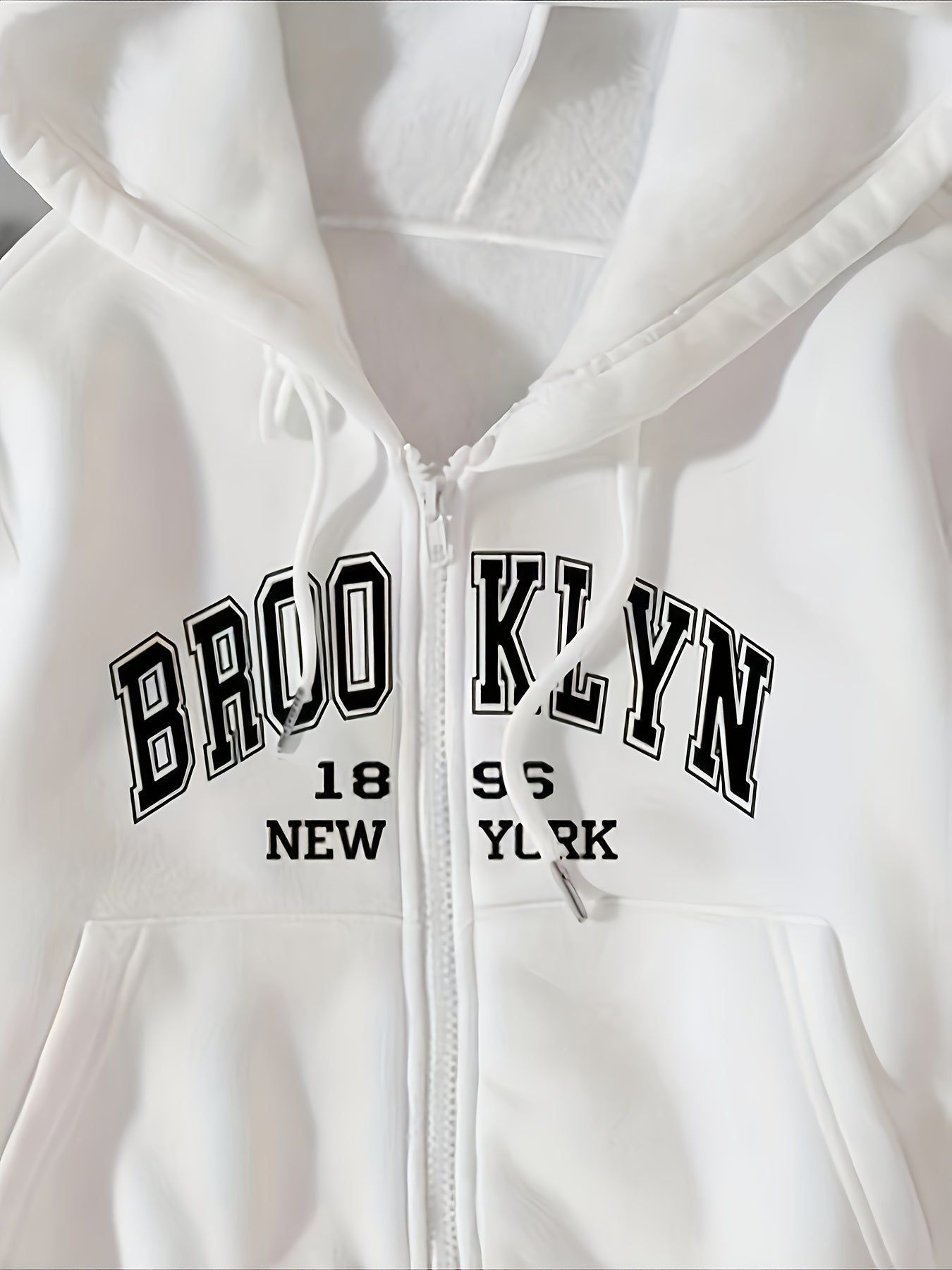 Printed Letter Zipper Split Pocket Casual All-Match Hoodie for Women Letter Graphic Zip Up Drawstring Thermal Lined Crop Hoodie   OAXG White / XS