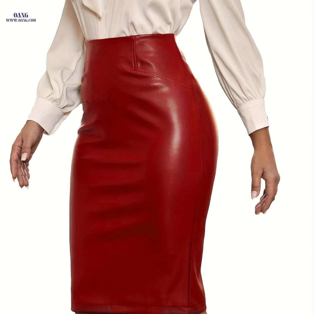 PU Leather Casual Midi Skirt - Perfect for Spring and Fall Fashion   OAXG Deep Red / S