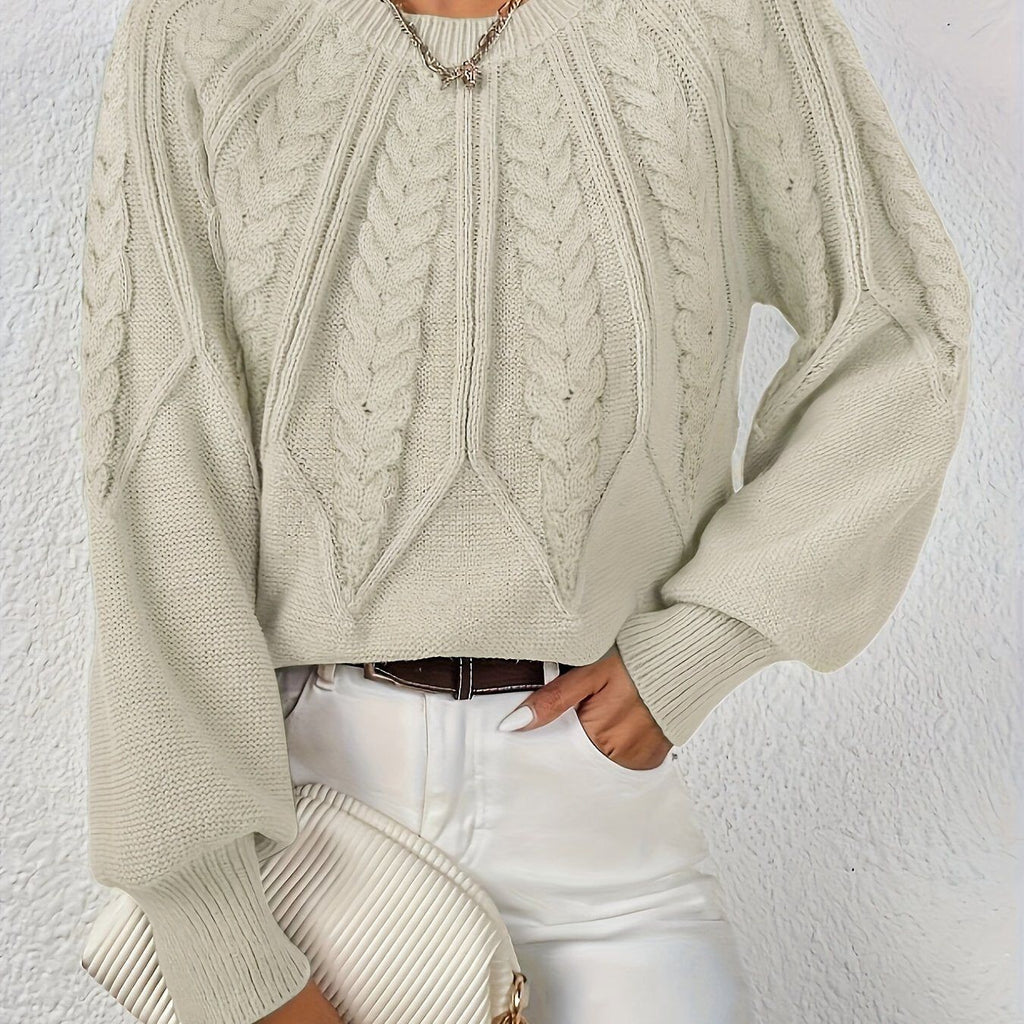 Pullover Long-sleeve Round-neck Loose Cable- Sweater   OAXG Beige / XS