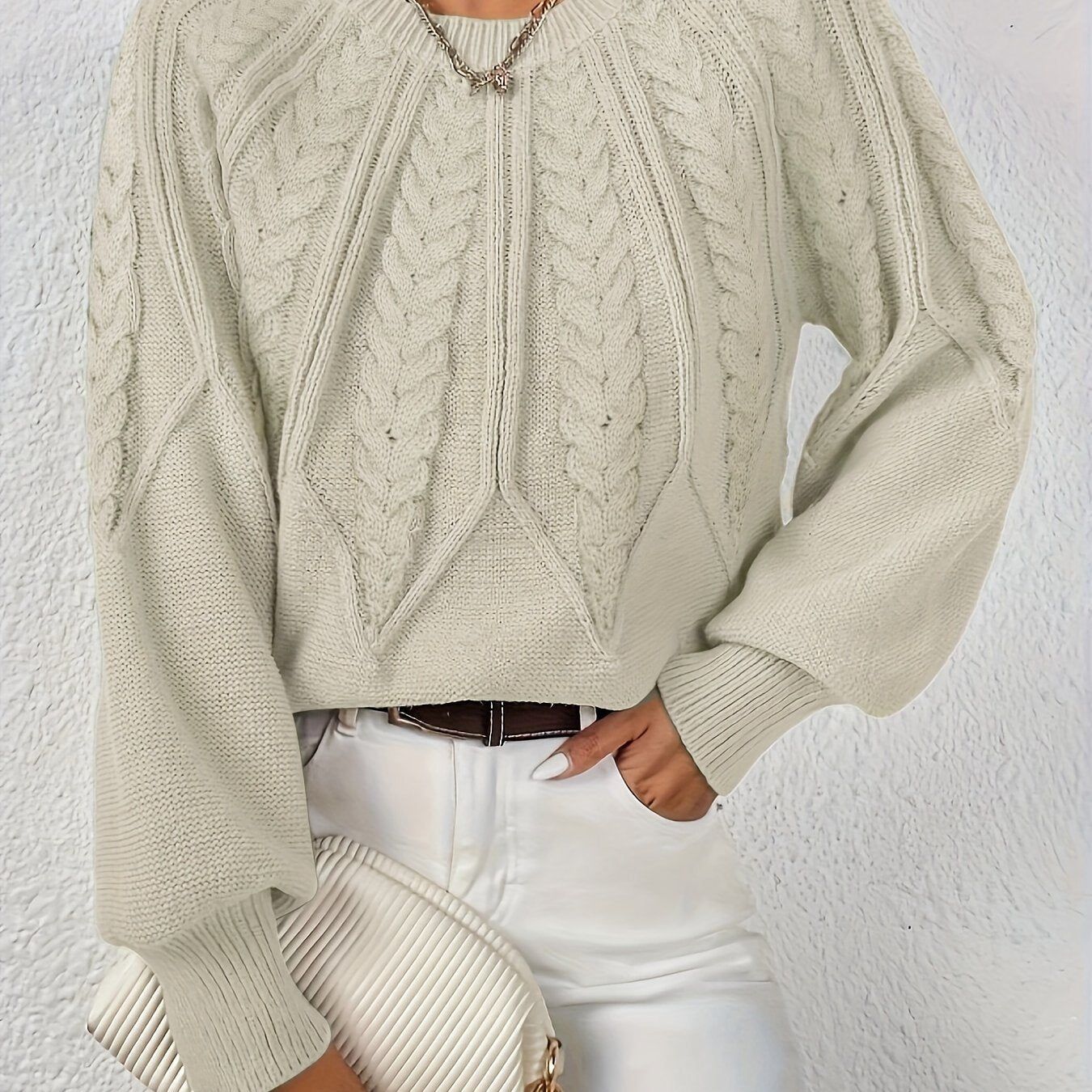 Pullover Long-sleeve Round-neck Loose Cable- Sweater   OAXG Beige / XS