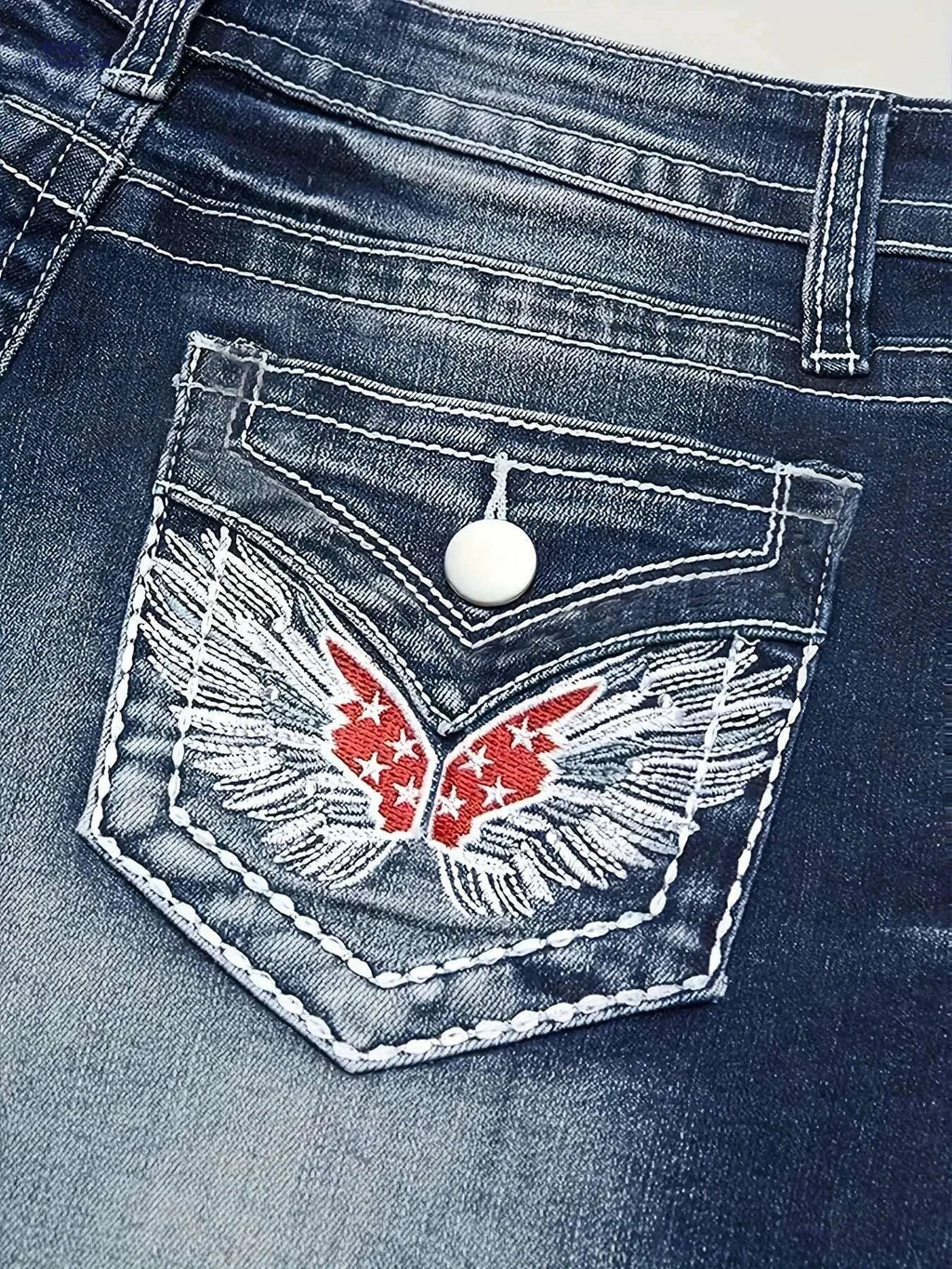 QBLB Women’s Denim Shorts - Embroidered Wings, Mid-Rise, Cuffed Hem   OAXG 