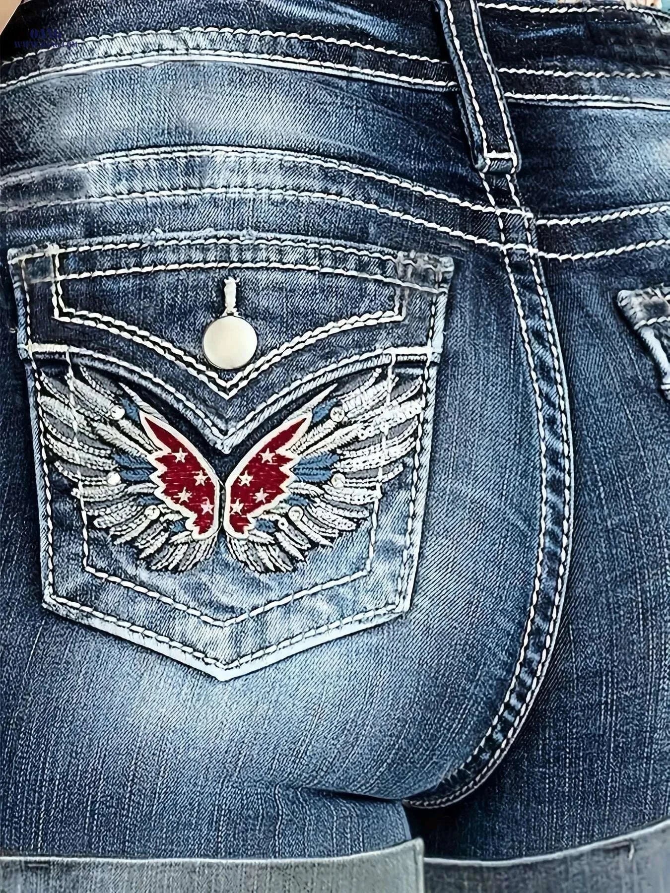 QBLB Women’s Denim Shorts - Embroidered Wings, Mid-Rise, Cuffed Hem   OAXG 