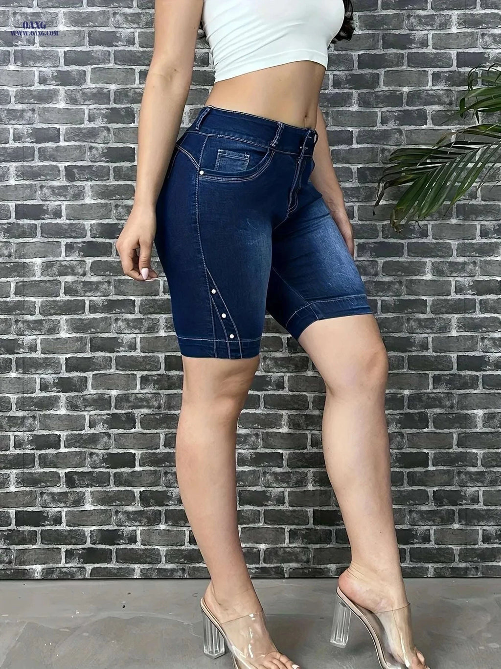 QBLB Women's High-Waist Denim Shorts - Ripped Detail, Casual Fit   OAXG 