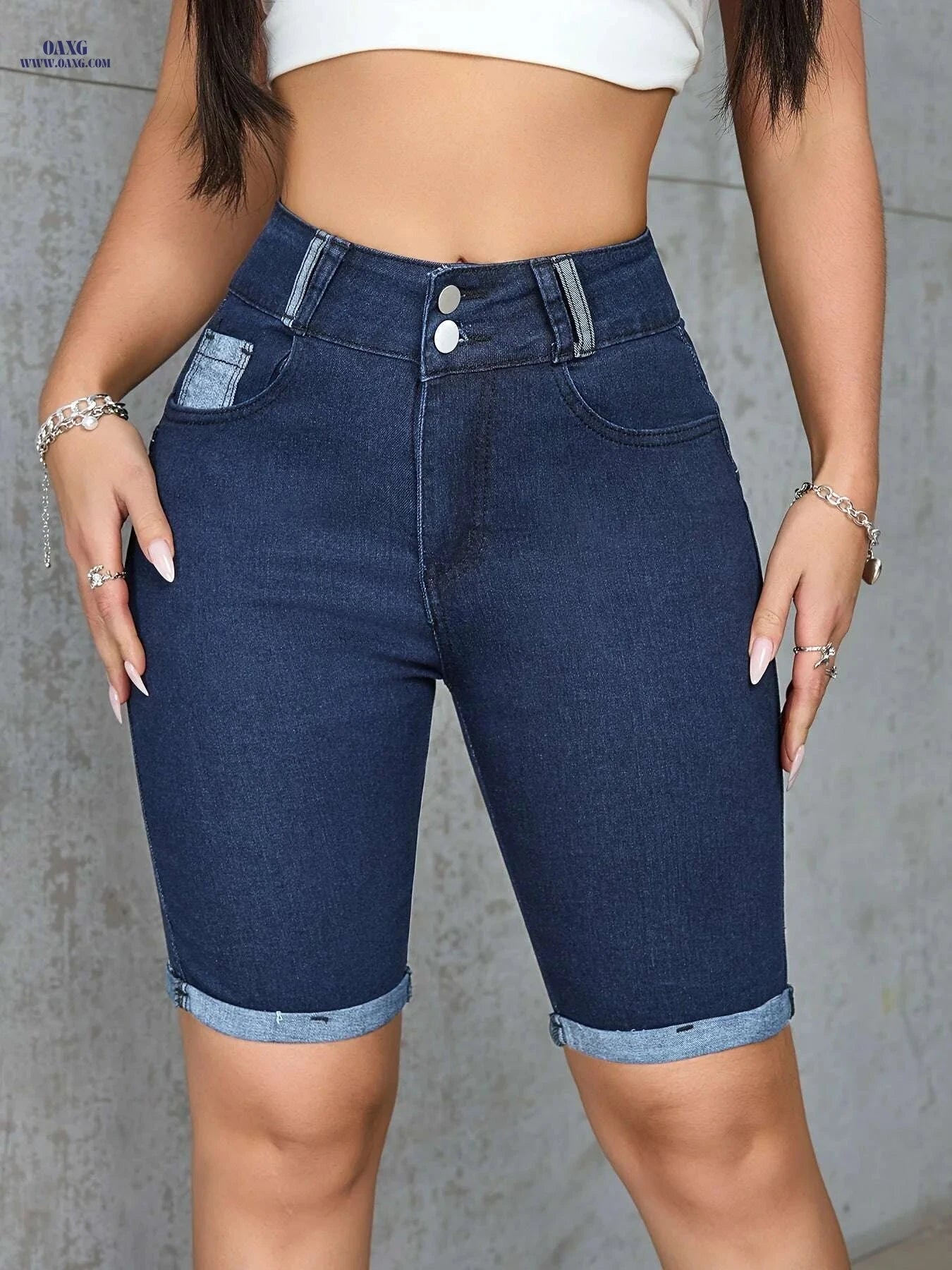 QBLB Women's High-Waisted Stretch Denim Shorts - V-Shaped Torn Hem   OAXG 