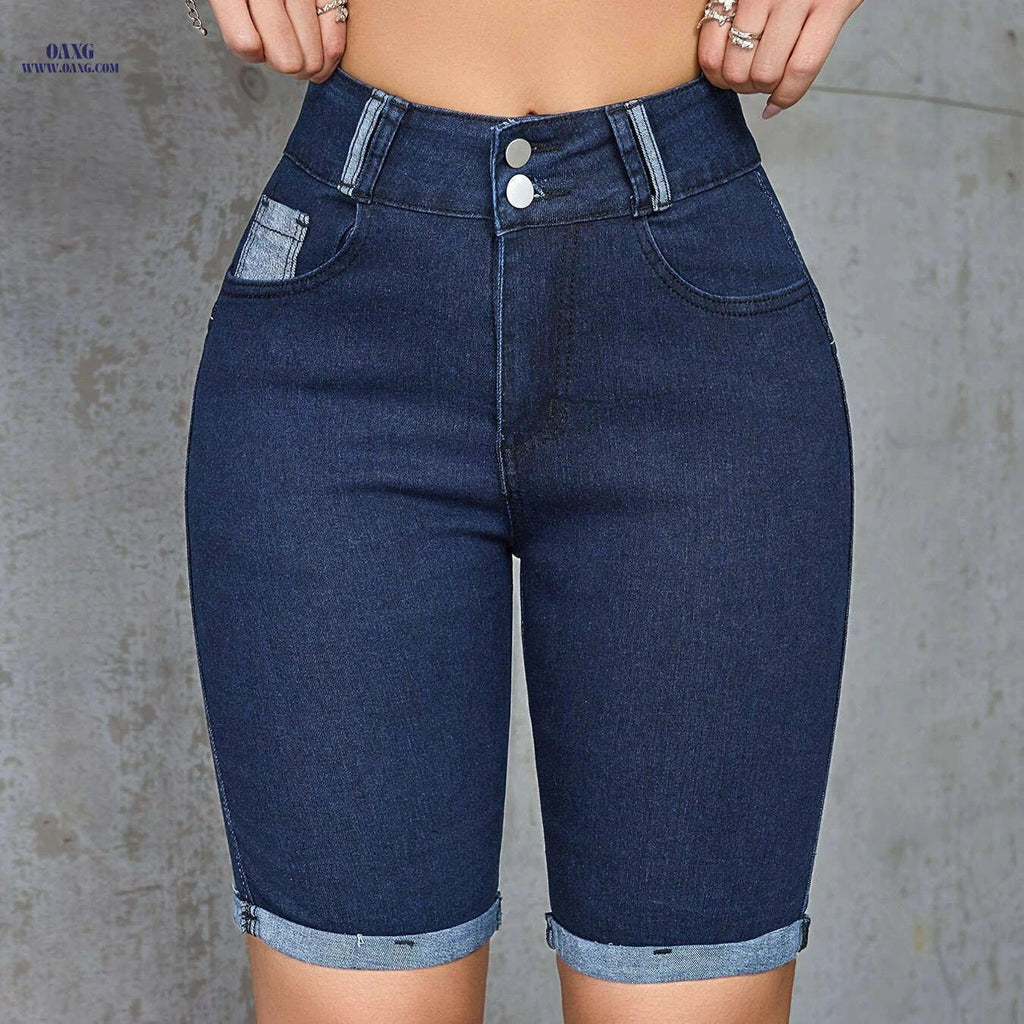 QBLB Women's High-Waisted Stretch Denim Shorts - V-Shaped Torn Hem   OAXG 